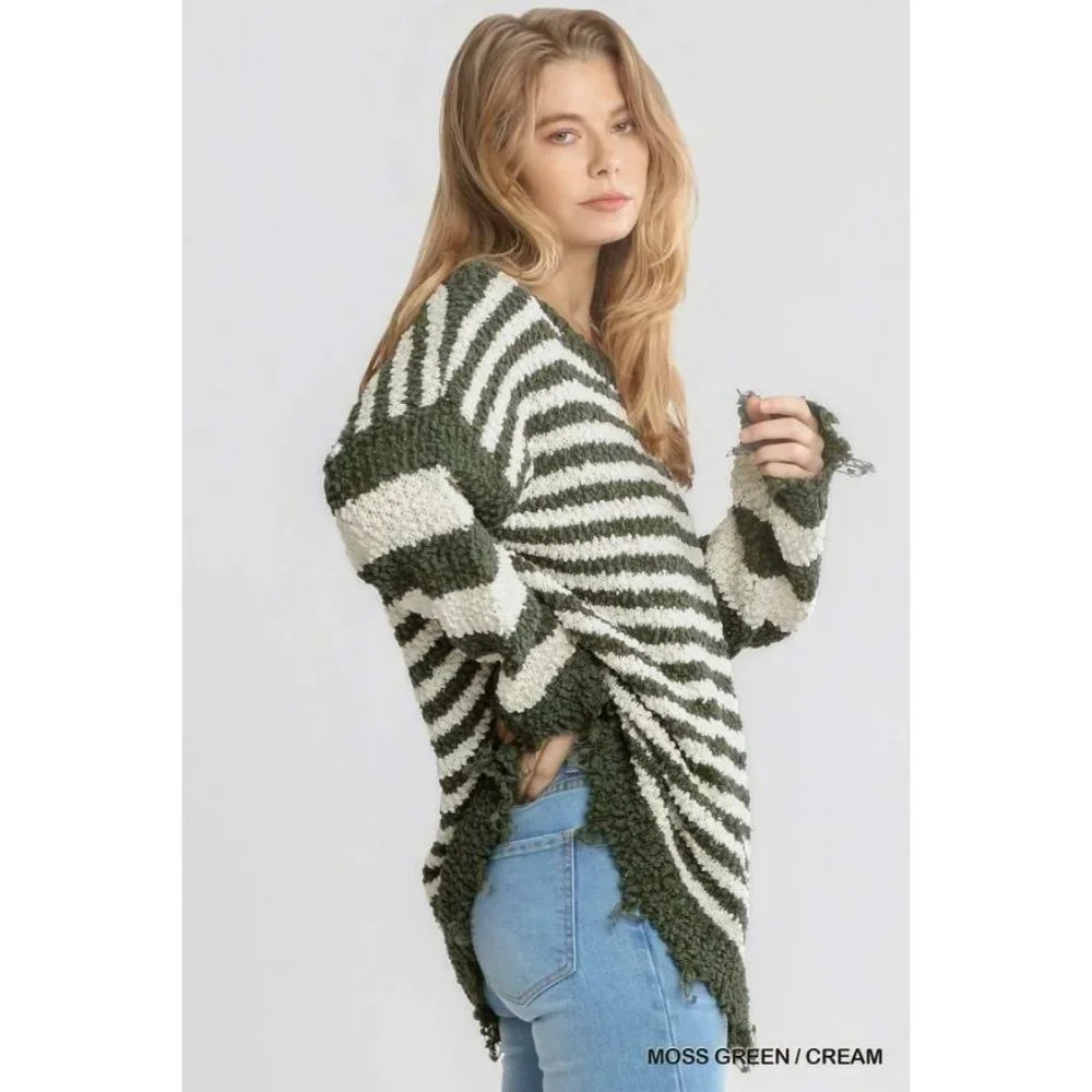 Umgee Moss Green Cream Mix Pullover Sweater Women Popcorn Striped Distressed S-L - Picture 3 of 4